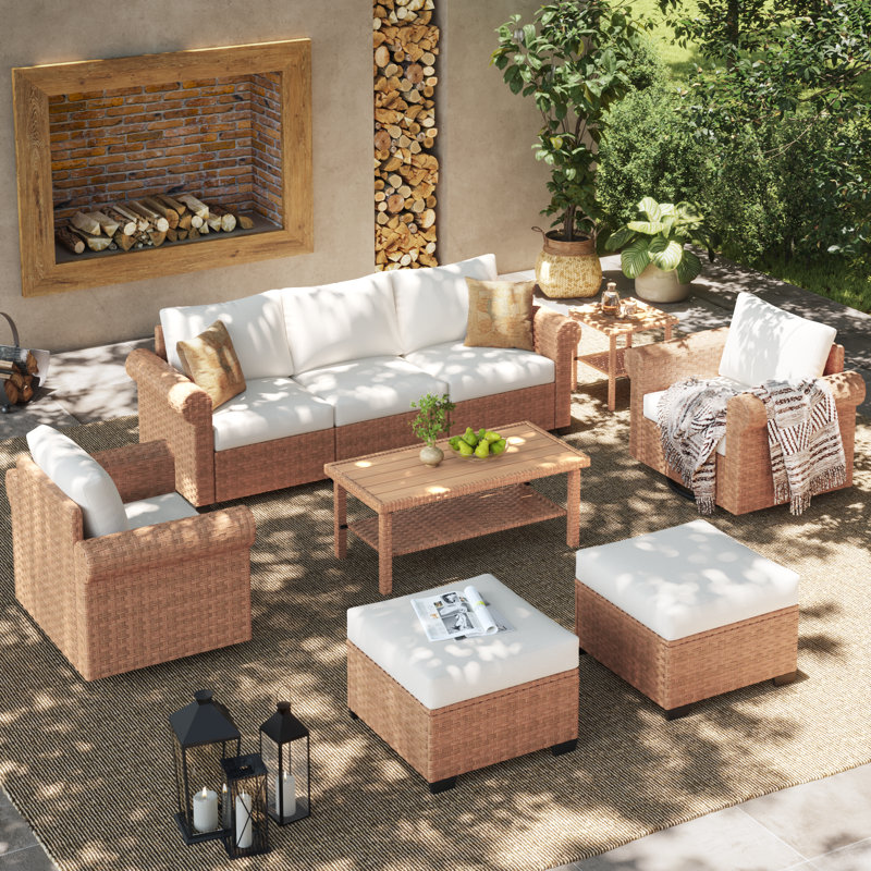Ensemble de conversation en osier pour 7 personnes avec chaises pivotantes et coussins