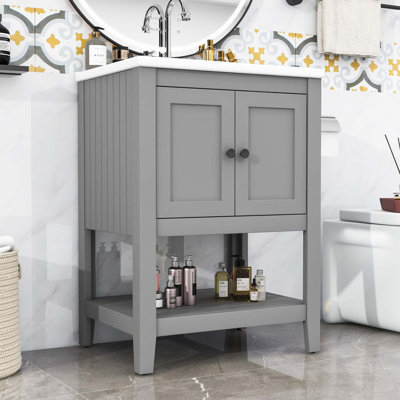 Meuble-lavabo simple contemporain en bois avec lavabo en céramique Semilune, tablette ouverte et grand rangement