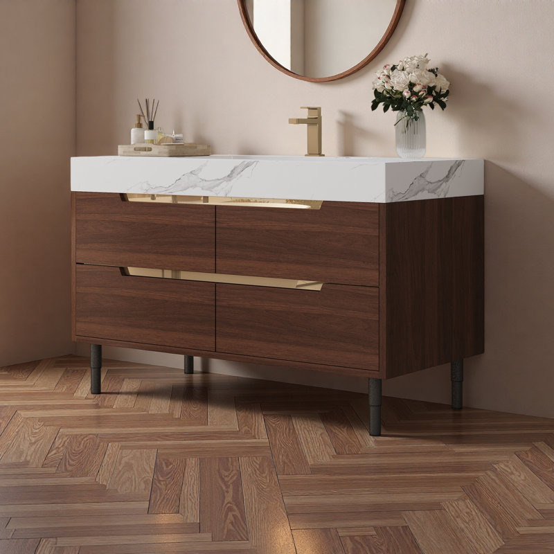 Meuble-lavabo moderne 35,4 po avec lavabo sous comptoir, bois massif multi-couches imperméable, rangement 4 tiroirs, Walnut