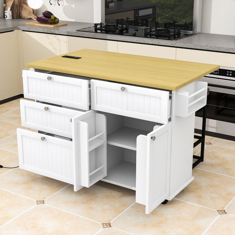 Farmhouse Rolling Kitchen Island with Drop Leaf, Storage Cabinet, Drawers, Power Outlet and 2 Stools, White
