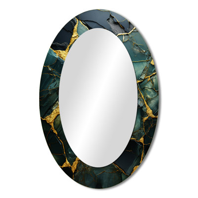 Green And Gold Abstract Marble Stone Melodies II - Abstract Oval Decorative Mirror On Metal