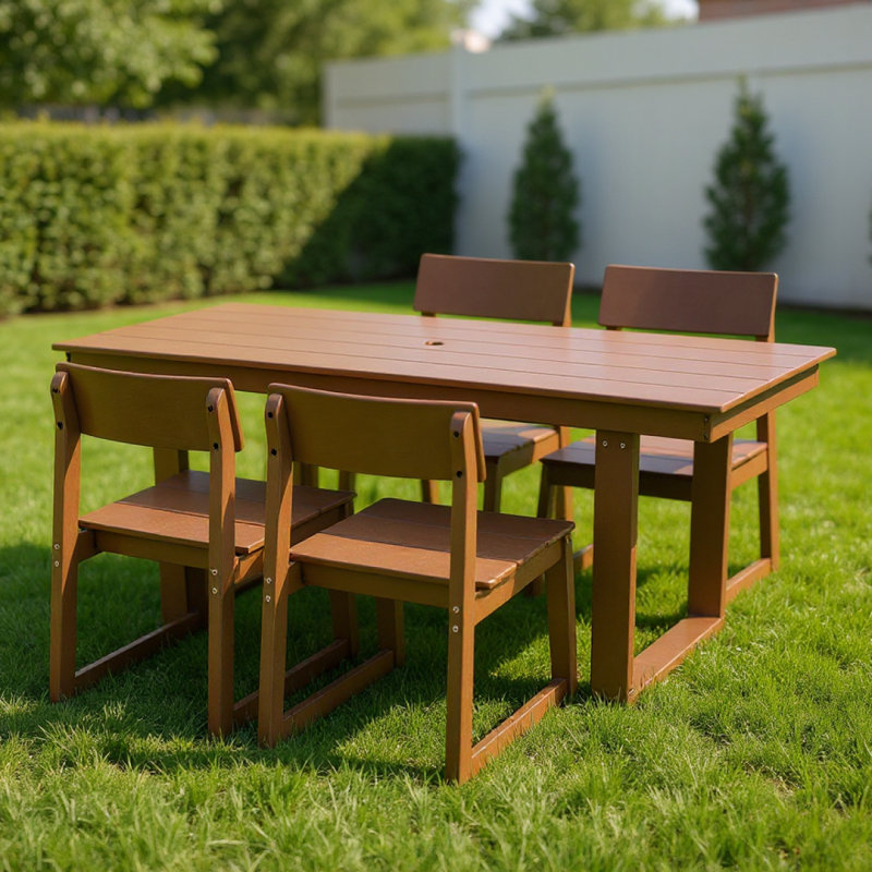 5-Piece HDPE Outdoor Dining Set With Weather-Resistant Patio Table And Chairs, Brown, 4
