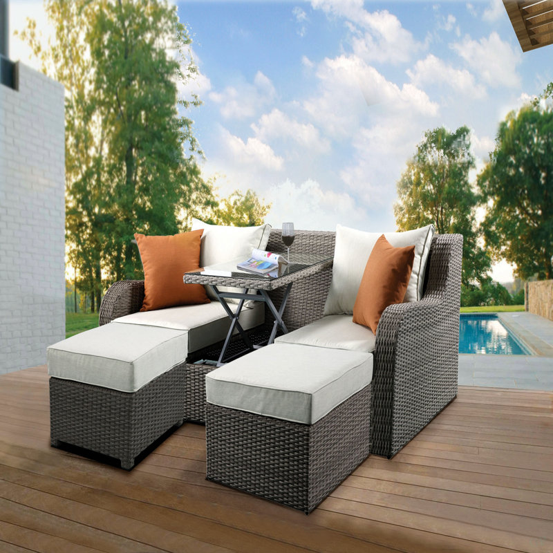 Canapé de patio en osier avec 2 coussins et 2 repose-pieds
