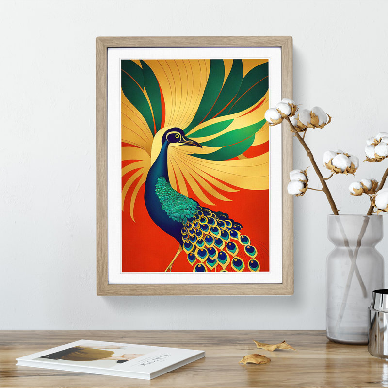 Peacock Art Deco No.1 - Framed Print, 46cm H x 34cm W x 2cm D, Oak Framed