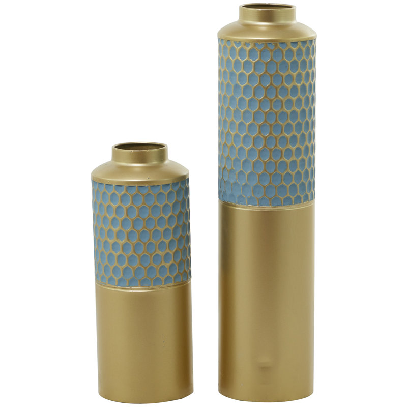 Metal Honeycomb Decorative Vase Set, Light Blue