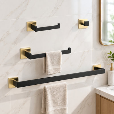 4-Piece Bathroom Hardware Set, Gold Stainless Steel, Wall Mounted