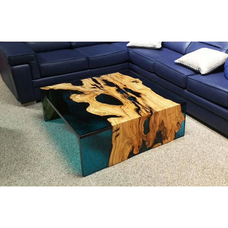 Single Coffee Table, 13.7'' H x 39.4" L x 39.4" W, Blue/Natural Wood