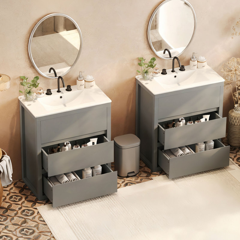 Ensemble de meuble-lavabo double 60 po, armoire de salle de bain avec deux lavabos en céramique séparés, tiroirs pleine extension et glissières de tiroir encastrées à fermeture en douceur