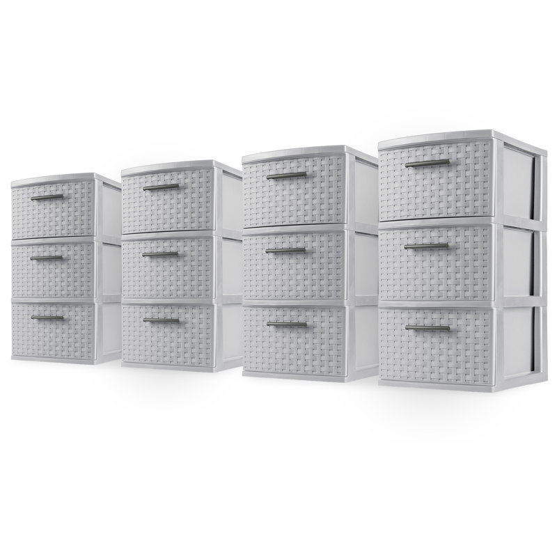 Sterilite 3 Drawer Storage Tower, Plastic Weave Medium Organizer, Cement, 4 Pack