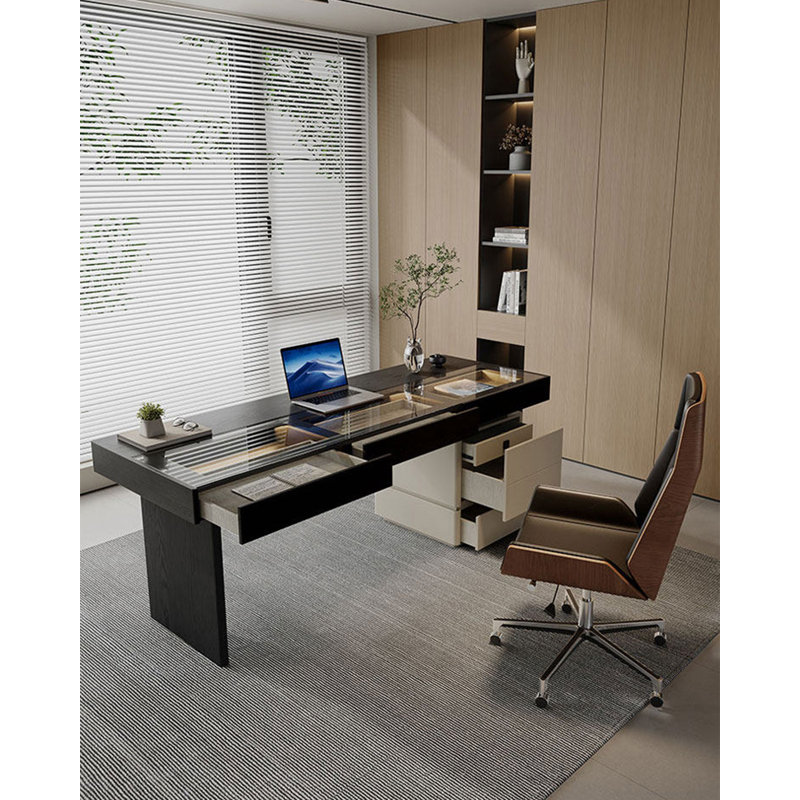 Bureau moderne avec dessus en verre trempé et plusieurs tiroirs de rangement, 29.53" H x 62.99" W x 27.56" D