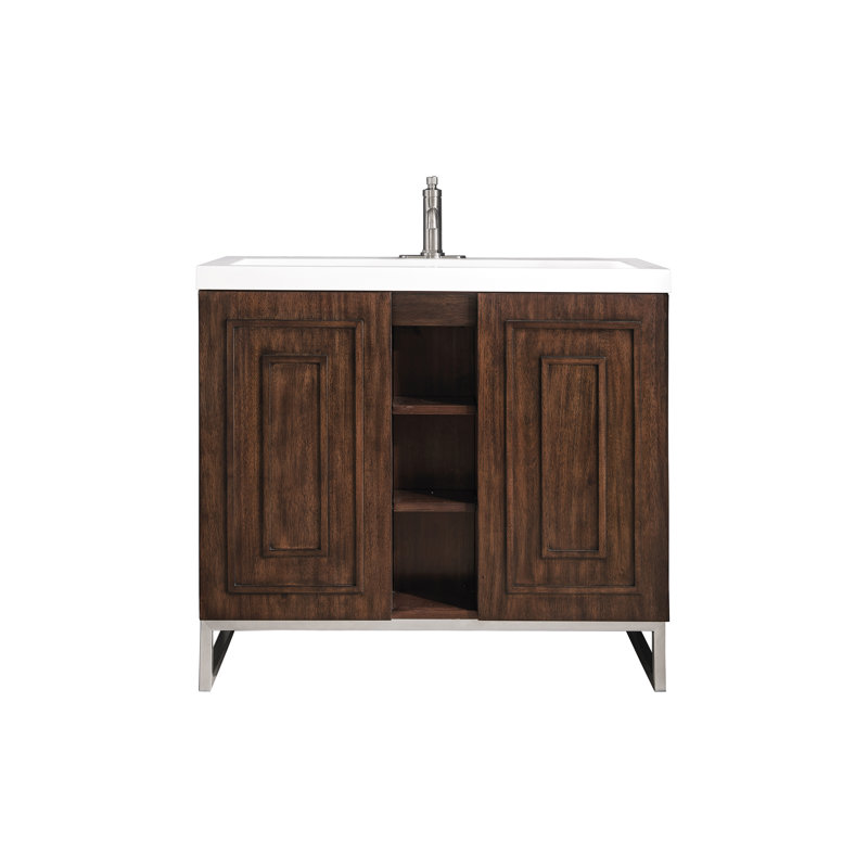 Ensemble de meuble-lavabo simple 40 po d'Alicante, Nickel brossé, Acacia mid-Century
