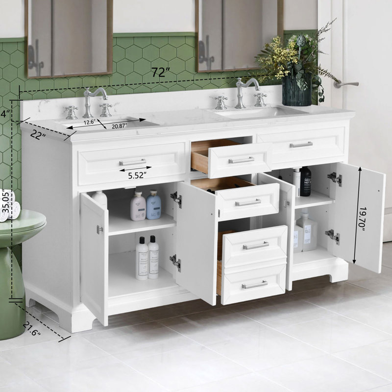 72" White Bathroom Vanity With Engineered Marble Top And Double Sinks