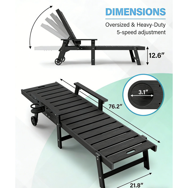 Chaise longue d'extérieur toutes saisons à 5 positions avec 2 positions, facile à installer, avec accoudoirs larges et porte-gobelets rotatifs et roues à roulement lisse pour piscine / bord de piscine / plage / terrasse / patio / arrière-cour, noir (ensemble de 2) ))