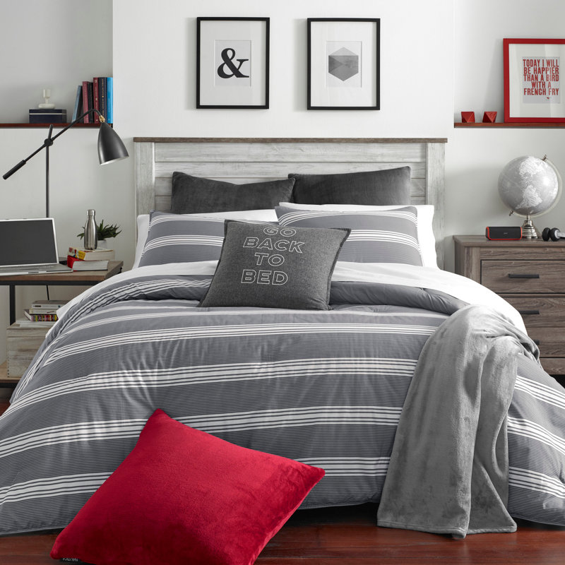 Ensemble d'édredon réversible en coton Nautica Craver, Édredon pour très grand lit + 2 taies décorativ, Gris