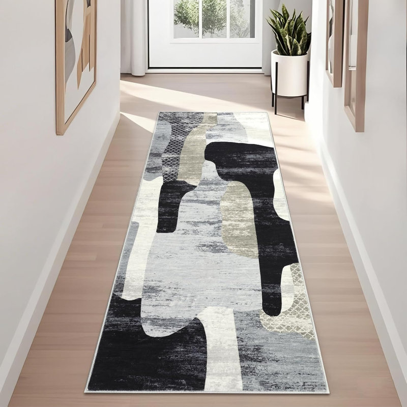 Rectangle Abstract Washable Area Rug, Gray, Runner 60 x 230 cm