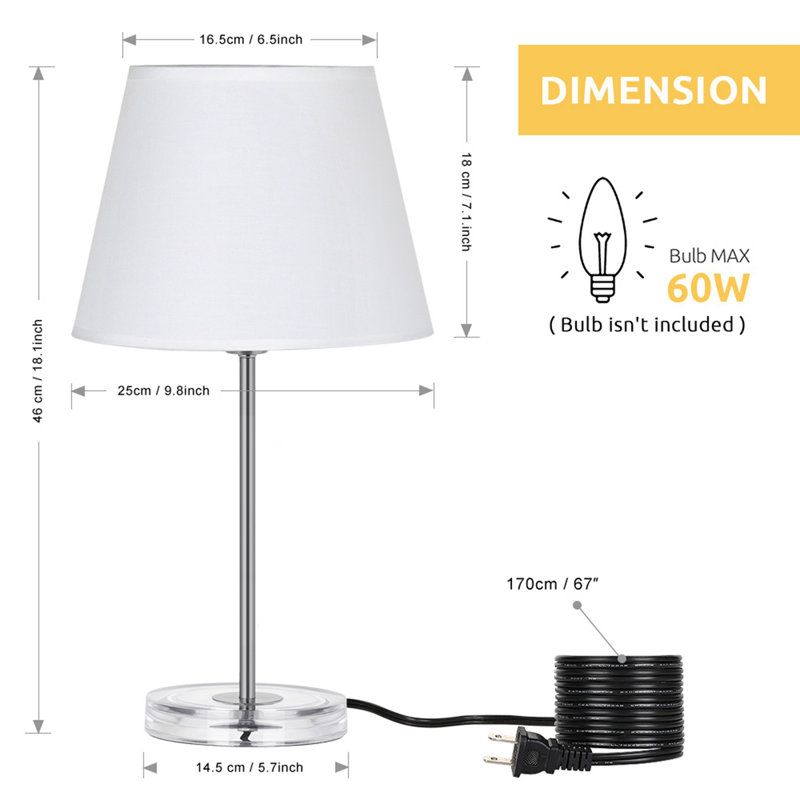 Lampes de chevet modernes avec base en acrylique, abat-jour en tissu et support en métal