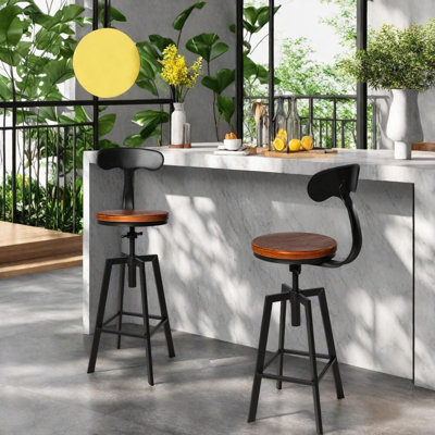 Industrial Bar Stool-Adjustable Swivel Wood Metal Stool With Backrest,Black,Fully Welded (Brown Wooden Top With Iron Backrest) by 17 Stories