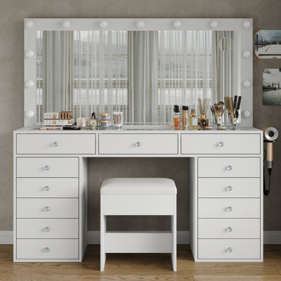 Bureau de coiffeuse 13 tiroirs, coiffeuse de maquillage avec prise de courant, coiffeuse avec miroir et 12 ampoules DEL, 3 modes d'éclairage couleur, ensemble de coiffeuse en verre