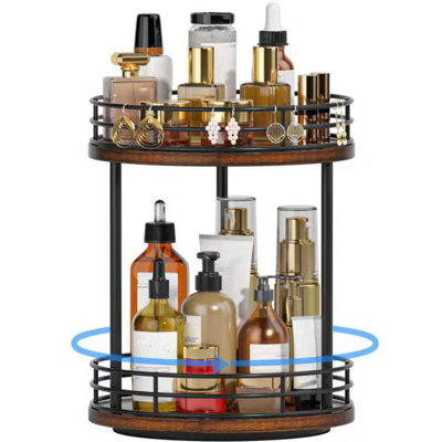 Rotating Countertop Organizer, Wooden Makeup Vanity Storage, Multifunctional Lazy Susan Turntable for Skincare, Perfume and Cosmetics, 2-Tier, (Brown)
