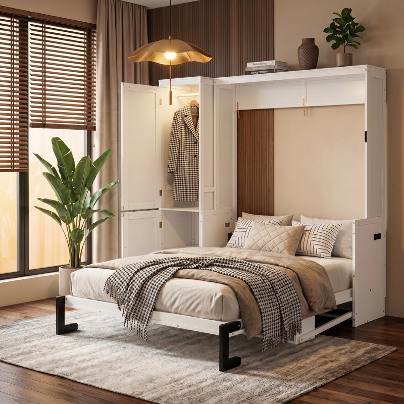 Grand lit escamotable en bois avec garde-robe, lit escamotable mural peu encombrant avec bureau, vérins à gaz et station de charge, armoire murale multifonctionnelle pour la chambre à coucher