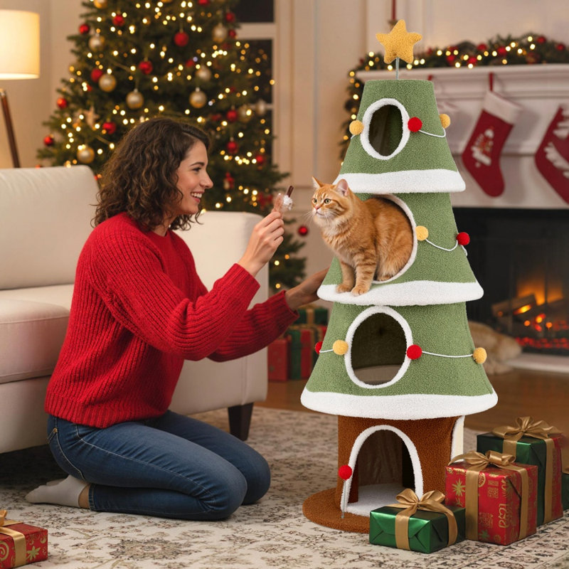 Arbre à chat de Noël de 155 cm avec 4 niches et un griffoir en sisal