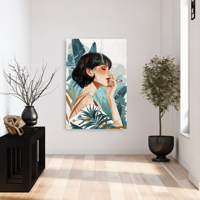 Pensée fumant une femme, abstrait, rétro, paysage rétro, art mural, 48" H x 32" W