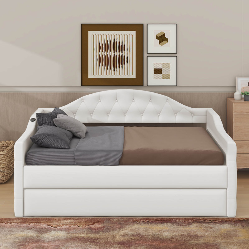 Lit de jour rembourré avec couchette, Beige, Lit simple