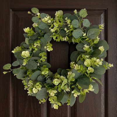 Couronne d'eucalyptus artificiel, couronne de fausse feuille verte de 18 pouces pour décoration murale de maison de ferme de porte d'entrée