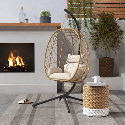 Solvane Wicker & Stretch Fabric Hanging Egg Chair With Stand Swing With Cushion