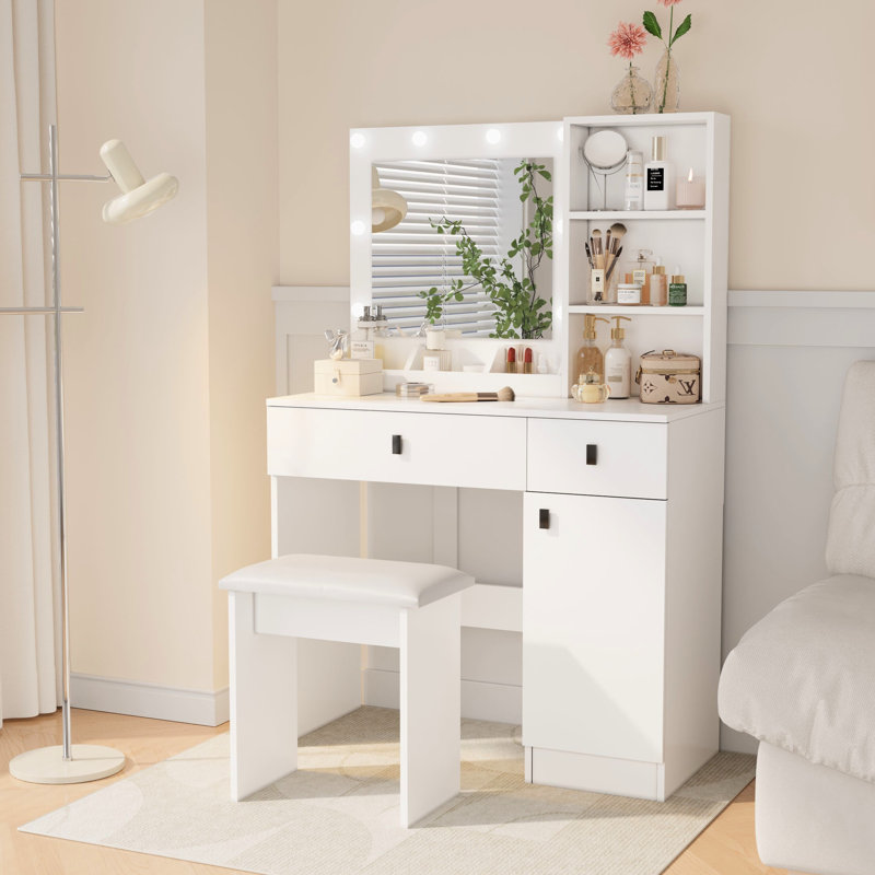 Bedroom Vanity With Lights And Shelves - White Makeup Featuring Large Drawers, Hidden Storage, Adjustable Brightness For A Neat Look Modern Desk 2 Drawers Storage Area