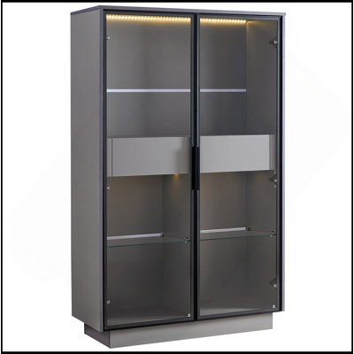 60.6'' Tall Display Cabinet With Tempered Glass Door, LED Lighting, Two Drawers, Modern Style Storage Cabinet For Living Room, Office & Study, Grey