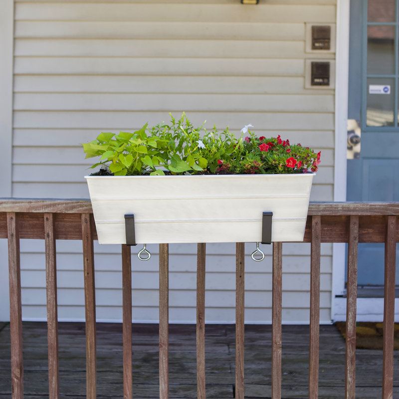Medium White Galvanized Steel Flower Box with Black Brackets