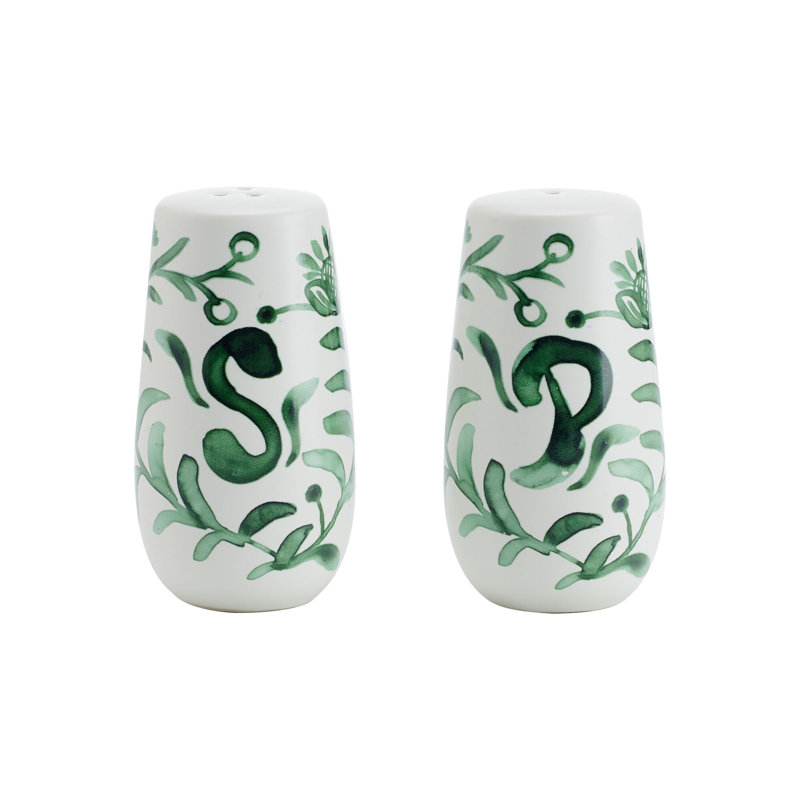 Green Floral Ceramic Serving Bowls with Salt & Pepper Set