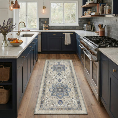 Roehit Oriental Performance Denim Blue / Beige 2' x 6' Runner Rug, Machine Washable