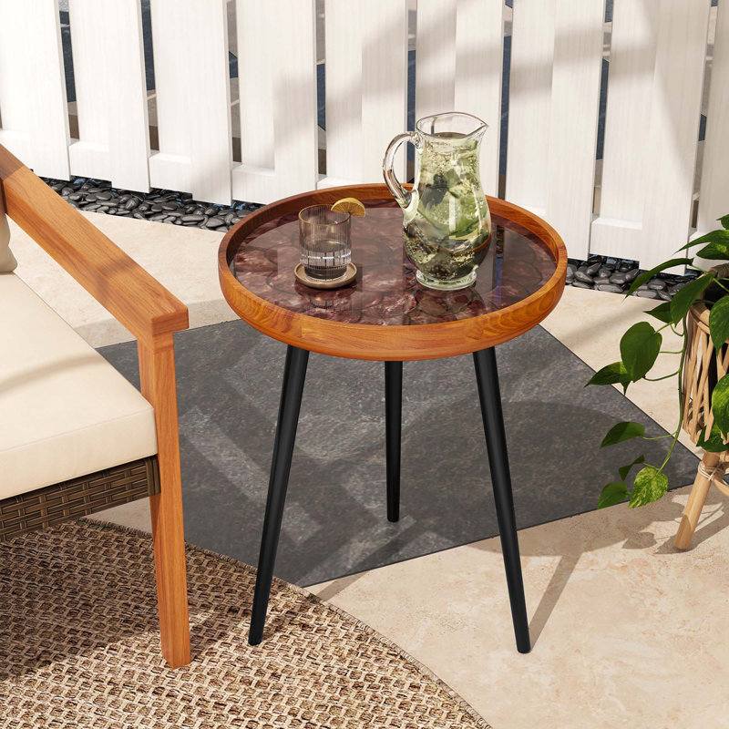 Table basse ronde de style Mid-Century moderne avec décoration coquillage, 31.5" H x 16" W x 16" D, Brun