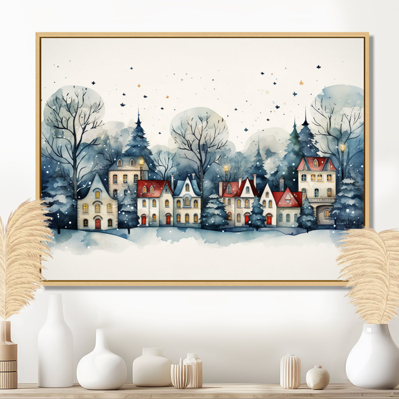 «Christmas Village In Winter I - Winter Landscape», art mural, Cadre flottant brun, H 12 po x l 20 po x P 1 po