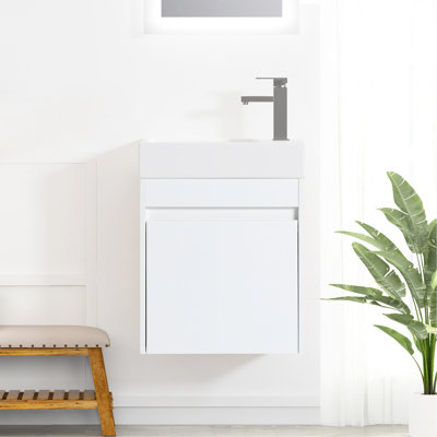 Meuble-lavabo moderne de 18 po - fixé au mur avec une cuve en résine blanche et beaucoup de rangement, un grand compartiment de rangement pour l'évier de porte, une fermeture en douceur