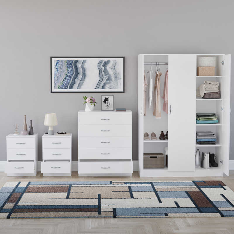 Tayce 4 Piece Bedroom Set (3 Drawer Bedside Chest X2, 5 Drawer Chest, 3 Door Wardrobe), White