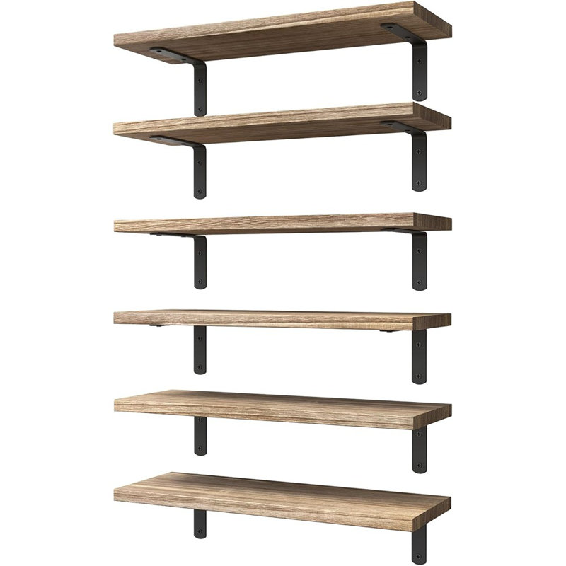Wood Floating Shelves Set Of 6, Shelves For Wall Decor, Farmhouse Shelf For Bedroom, Bathroom Storage Shelves, Book Shelves For Living Room - Rustic Brown