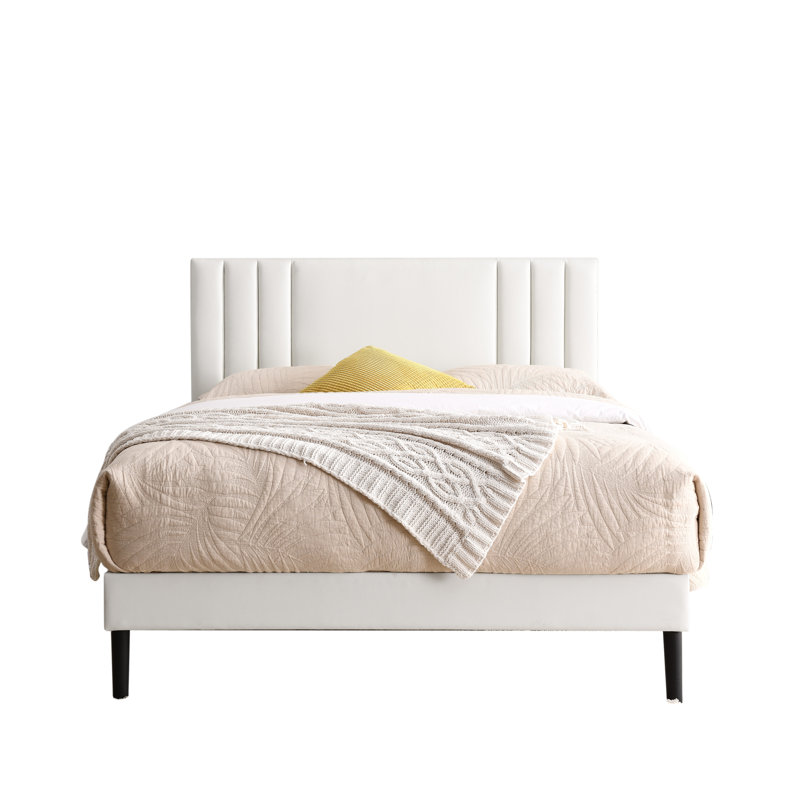  Base de lit plateforme double avec tête de lit tapissier réglable et support en lattes de bois - robuste, durable et facile à assembler