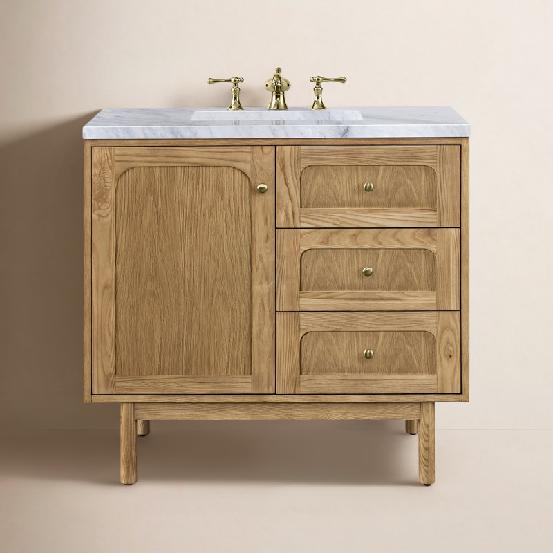 Laurent 36'' W Single Vanity, Carrara White, 8" Widespread, Light Natural Oak