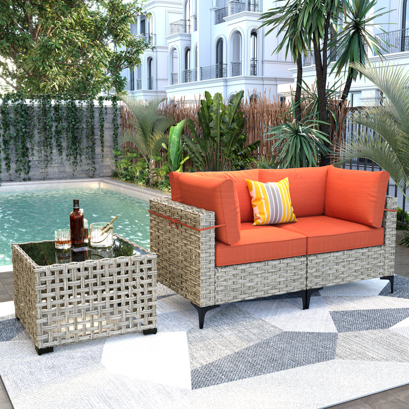 Emroy Wicker/Rattan 2 - Person Seating Group With Lighted Coffee Table and Cushions, Orange Red