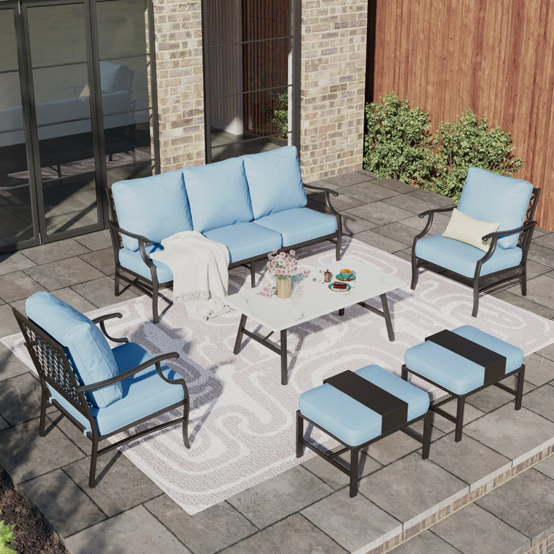 Asfand 5-7- Person Patio Conversation Set with Optional Ottoman, Blue, Yes