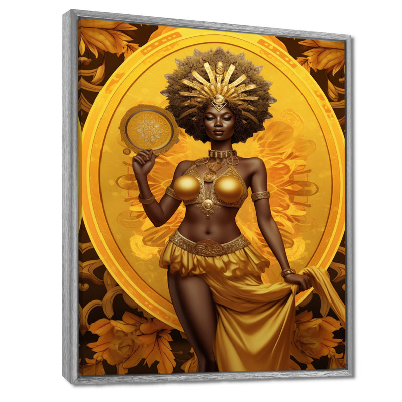 Orisha Oshun avec miroir déesse africaine - art mural femme afro-américaine, H 20 po x l 12 po x P 1 po, Encadrement argenté