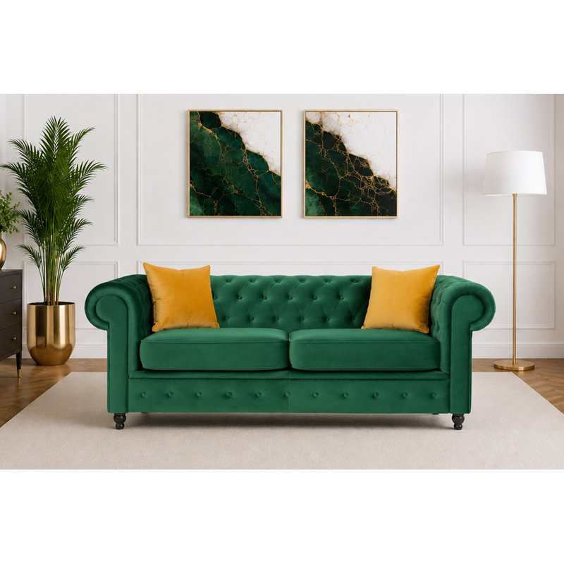 3 Seater Chesterfield Sofa, Forest Green, 74cm H x 194cm W x 90cm D