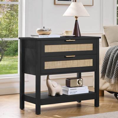 31.5-Inch Rattan 2-Drawer Nightstand with Open Shelf, Boho Storage & Metal Drawer Slides