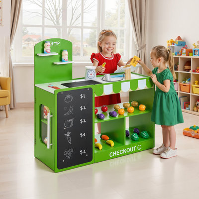 Kids Grocery Store Playset, Wooden Play Market Stand with Shopping Bag, Kids Supermarket Pretend Play Store with Conveyor Belt, Scanner, Cash Register, Realistic Scale, Gift for Boys & Girls