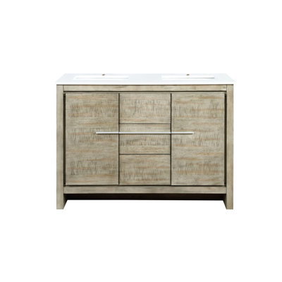 Meuble-lavabo double rustique 48 po Largeur x 20 profondeur avec plateau en marbre - construction en bois massif, mécanisme de fermeture en douceur, égratignures et taches, deux armoires de rangement abondantes, trois tiroirs et une tablette ouverte,