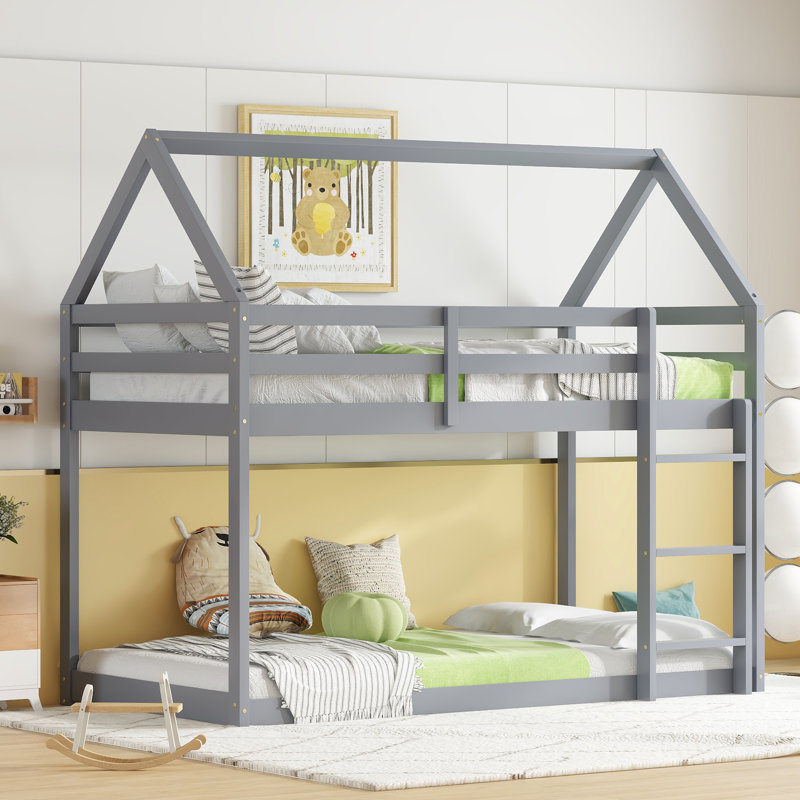 Twin Over Twin Rubber Wood Floor Bunk Bed, With Ladder,Guardrails,House-Shaped-Bunk Bed,Grey, Gray