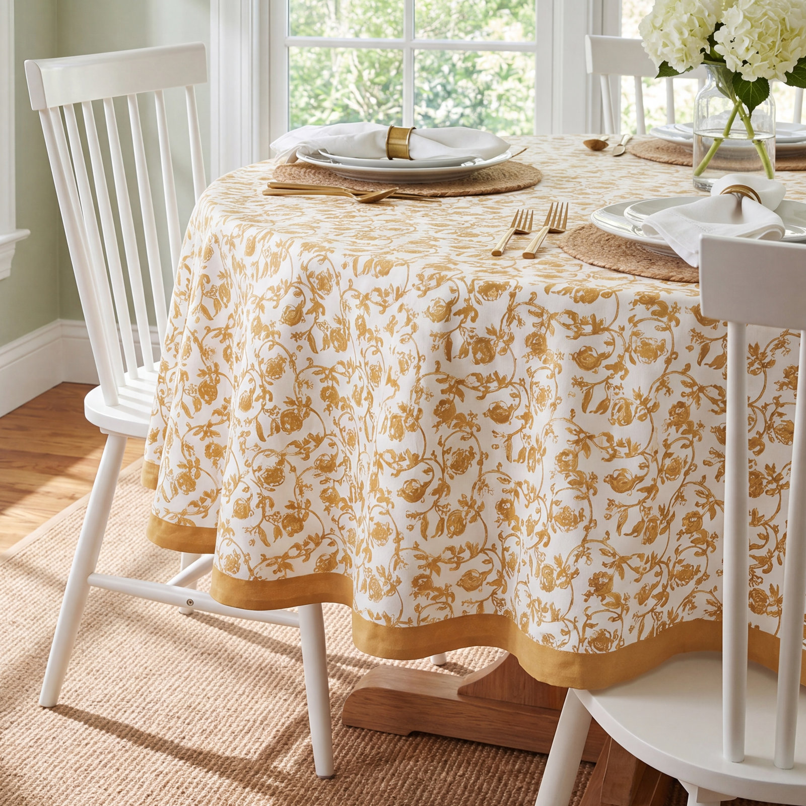 Bryah Floral Tablecloth, 70" Round, Mustard/White